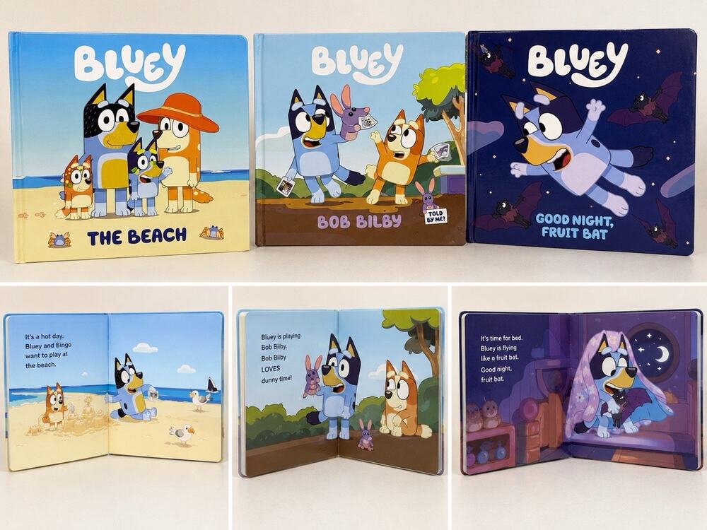 Bluey Hardcover Book Lot 3 The Beach Bob Bilby Good Night Fruit Bat Kids